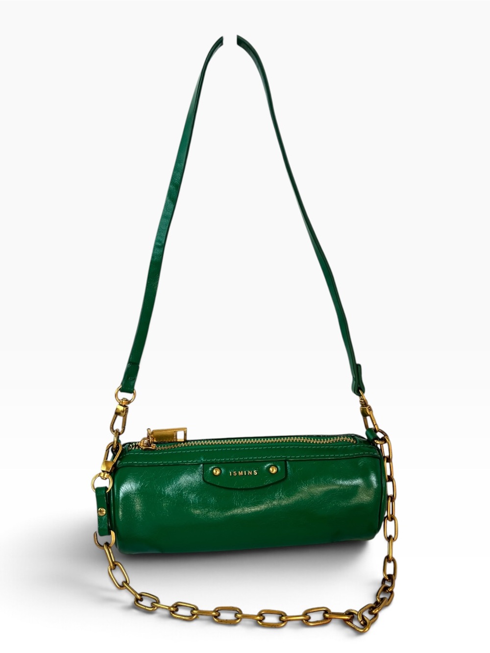 Green Leather Barrel Shoulder Bag with Gold Chain